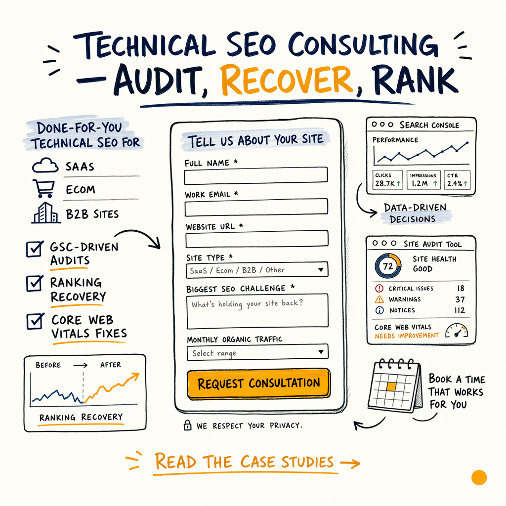 Technical SEO consulting landing page with a consultation form, audit metrics, and ranking recovery graphics